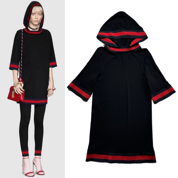 Gucci Dresses & Skirts - GUCCI Black Viscose Jersey Red & Navy Striped Trim Hooded Mini Dress M